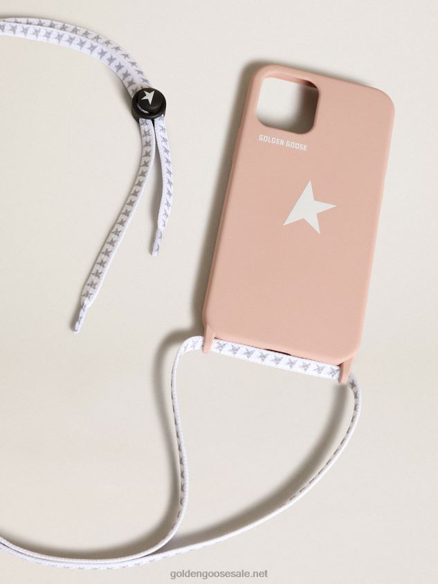 Pale pink iPhone 12 and 12 Pro Max case with contrasting white logo and logo lanyards FN20N313 Women Golden Goose