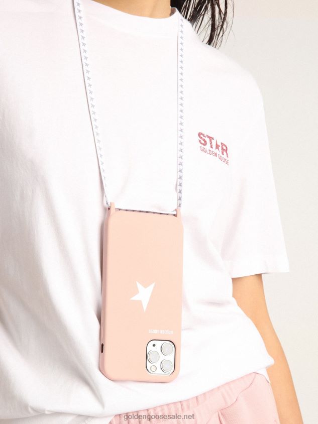 Pale pink iPhone 12 and 12 Pro Max case with contrasting white logo and logo lanyards FN20N313 Women Golden Goose
