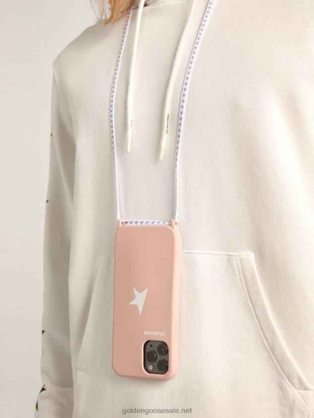 Pale pink iPhone 12 and 12 Pro Max case with contrasting white logo and logo lanyards FN20N313 Women Golden Goose