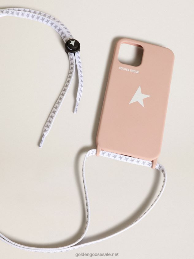 Pale pink iPhone 12 and 12 Pro case with contrasting white logo and logo lanyards FN20N304 Women Golden Goose