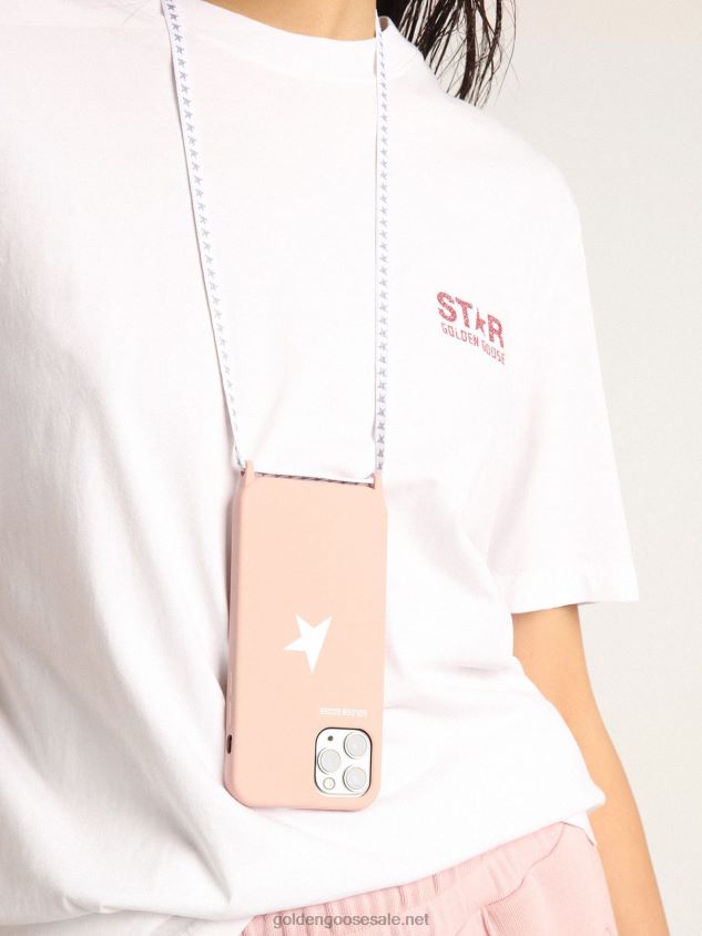 Pale pink iPhone 12 and 12 Pro case with contrasting white logo and logo lanyards FN20N304 Women Golden Goose