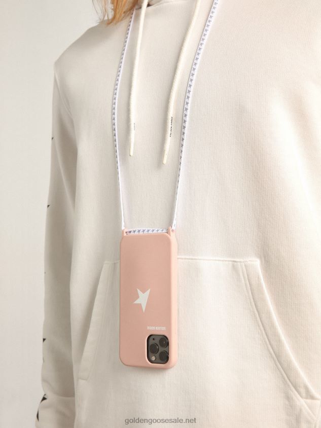 Pale pink iPhone 12 and 12 Pro case with contrasting white logo and logo lanyards FN20N304 Women Golden Goose