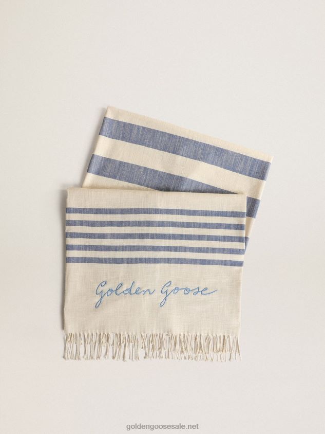Resort Collection cotton beach towel with blue stripes and fringing FN20N302 Women Golden Goose