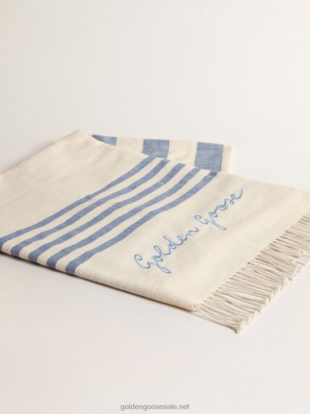 Resort Collection cotton beach towel with blue stripes and fringing FN20N302 Women Golden Goose