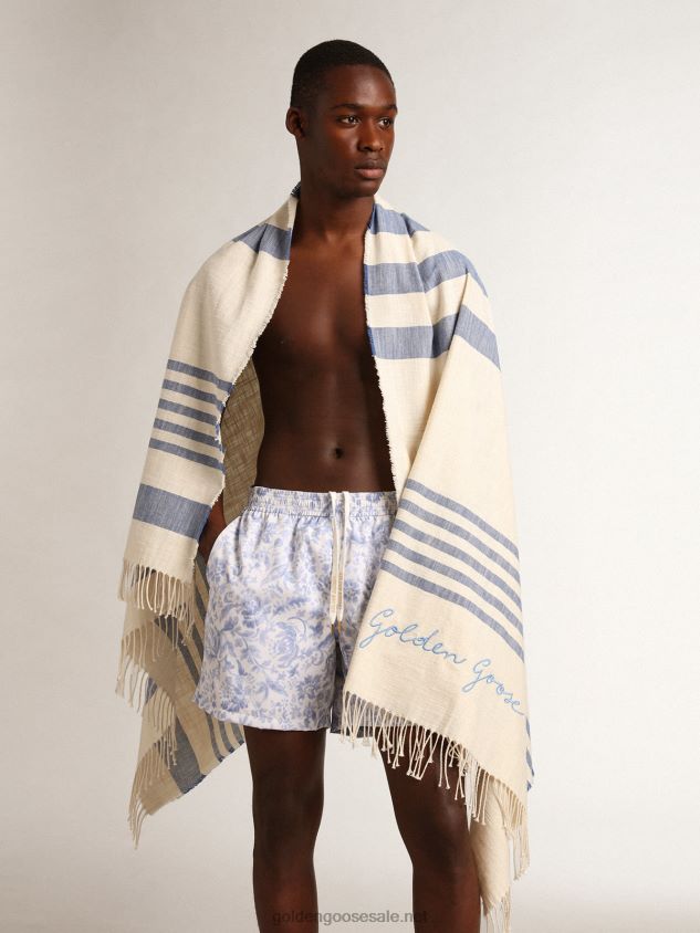 Resort Collection cotton beach towel with blue stripes and fringing FN20N302 Women Golden Goose