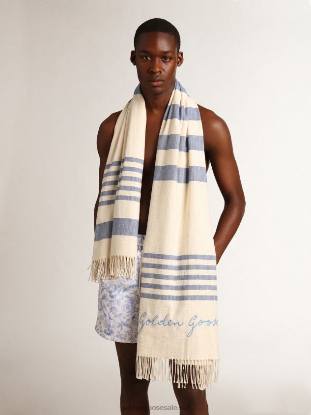 Resort Collection cotton beach towel with blue stripes and fringing FN20N302 Women Golden Goose