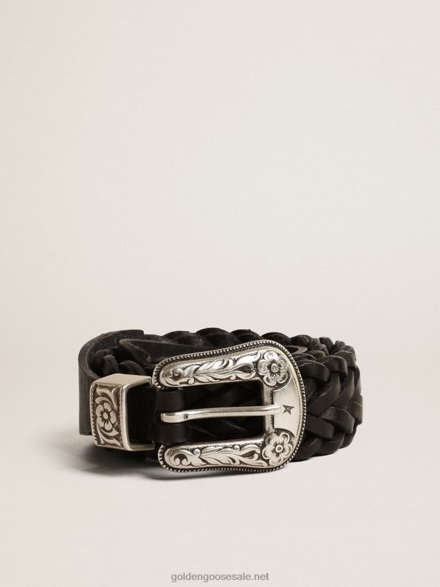 Belt in black braided leather with silver color buckle FN20N390 Women Golden Goose
