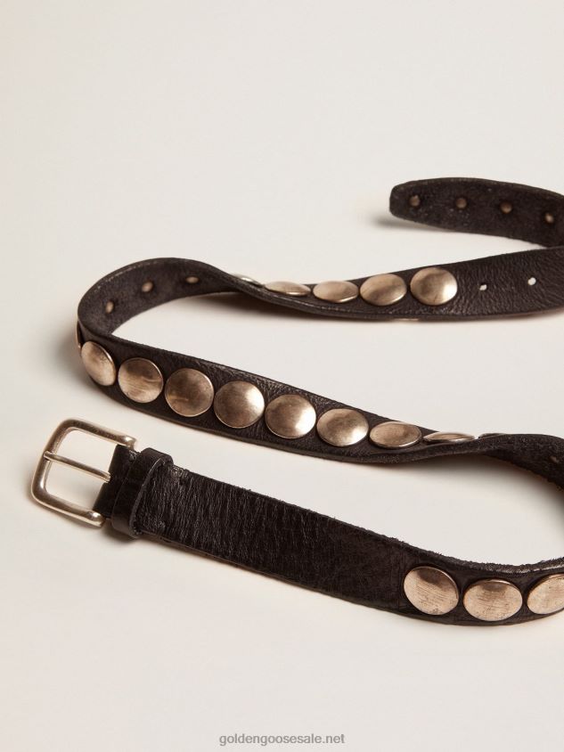 Black Trinidad belt in washed leather with aged silver color studs FN20N317 Women Golden Goose