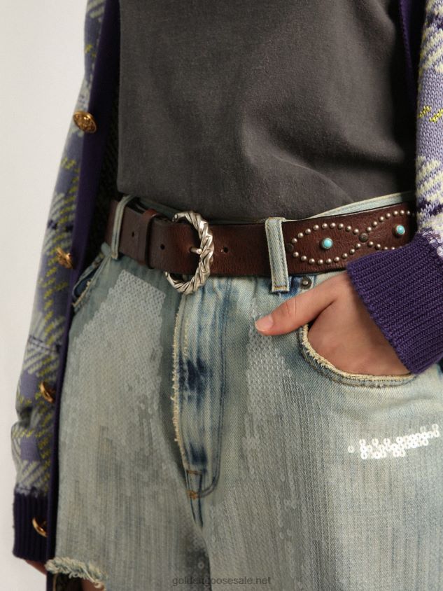 Dallas belt in dark brown leather with colored studs FN20N306 Women Golden Goose