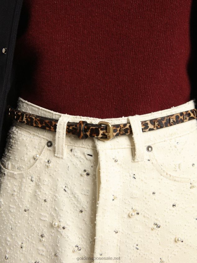 Molly black and brown leopard-print pony skin belt with star-shaped studs FN20N308 Women Golden Goose