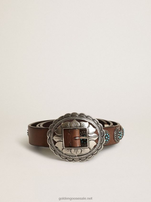 Sunflowers belt in dark brown leather with vintage silver colored studs FN20N288 Women Golden Goose