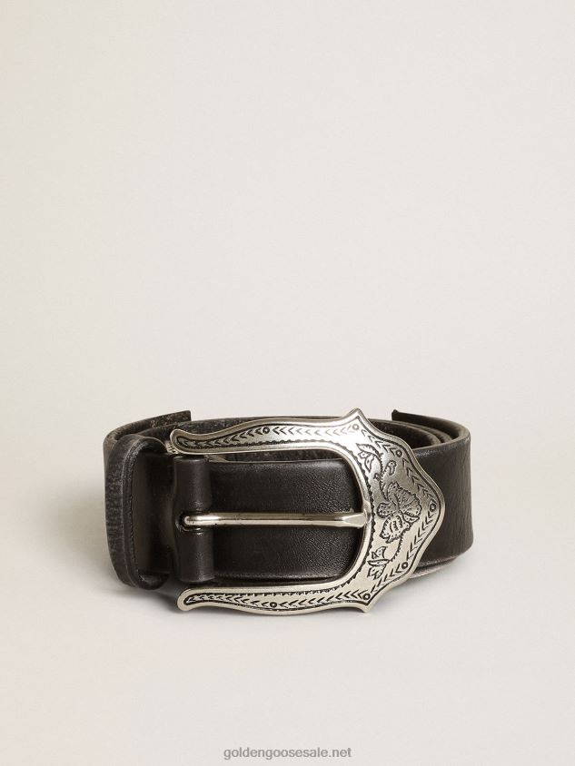 Twins belt in black leather with vintage silver colored decorations FN20N413 Women Golden Goose
