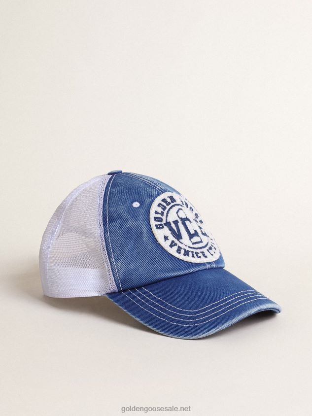 Hat in vintage light blue cotton with white mesh and patch on the front FN20N358 Women Golden Goose