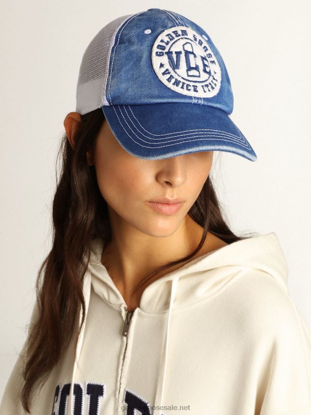 Hat in vintage light blue cotton with white mesh and patch on the front FN20N358 Women Golden Goose