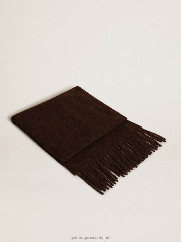 Coffee-colored wool scarf with fringing and tone-on-tone 'Golden' lettering FN20N299 Women