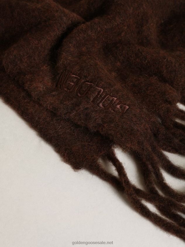 Coffee-colored wool scarf with fringing and tone-on-tone \'Golden\' lettering FN20N299 Women