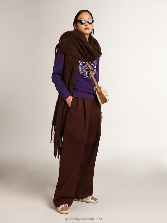 Coffee-colored wool scarf with fringing and tone-on-tone \'Golden\' lettering FN20N299 Women