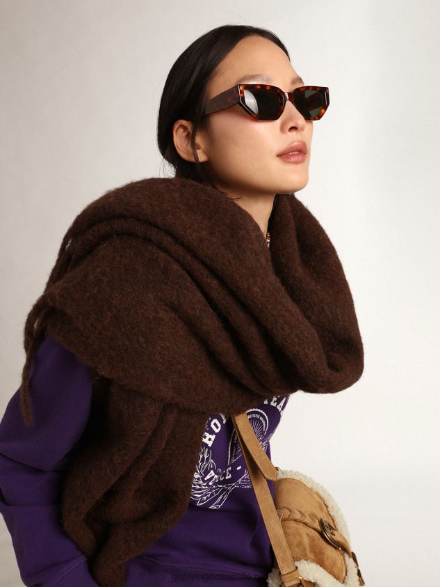 Coffee-colored wool scarf with fringing and tone-on-tone \'Golden\' lettering FN20N299 Women