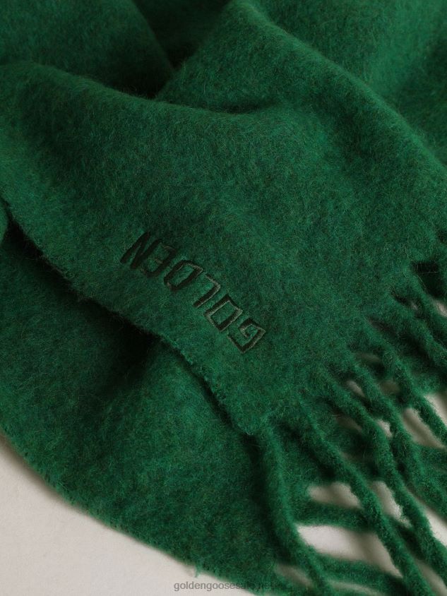 Dark green wool scarf with fringing and tone-on-tone \'Golden\' lettering FN20N300 Women