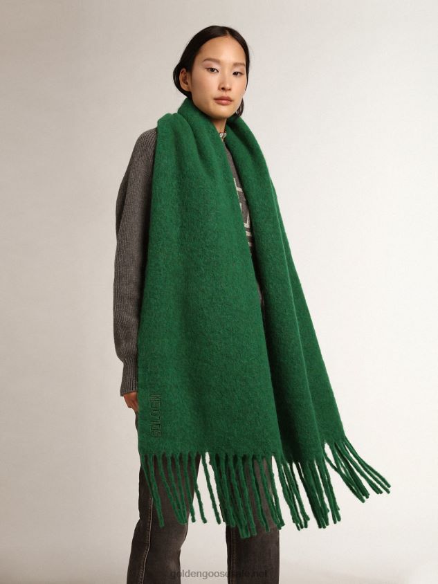 Dark green wool scarf with fringing and tone-on-tone \'Golden\' lettering FN20N300 Women