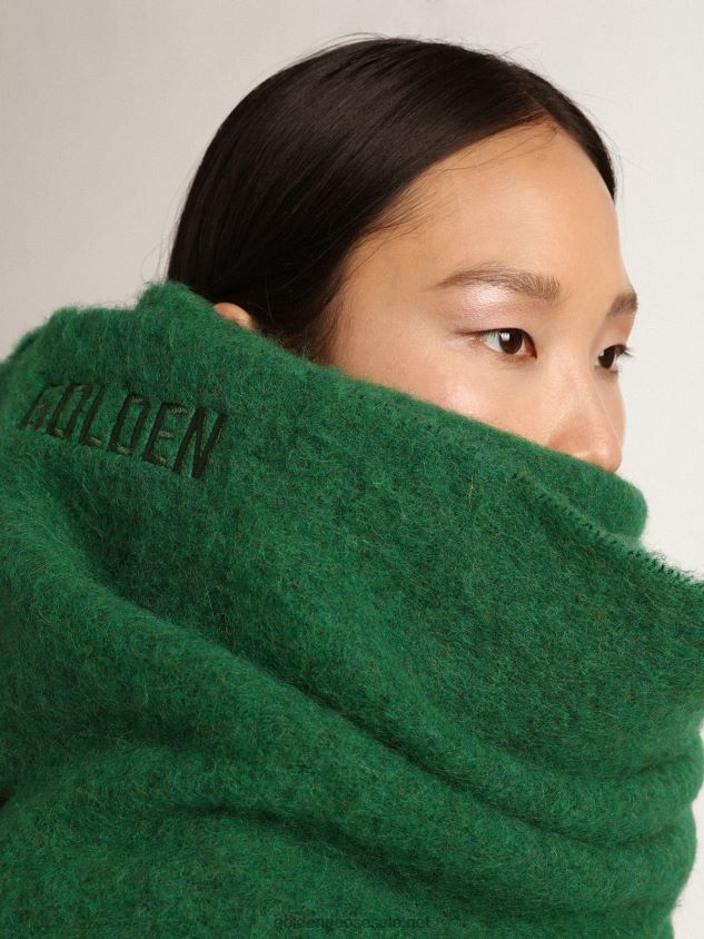 Dark green wool scarf with fringing and tone-on-tone \'Golden\' lettering FN20N300 Women