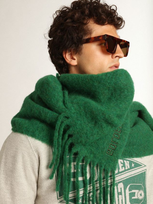 Dark green wool scarf with fringing and tone-on-tone \'Golden\' lettering FN20N300 Women