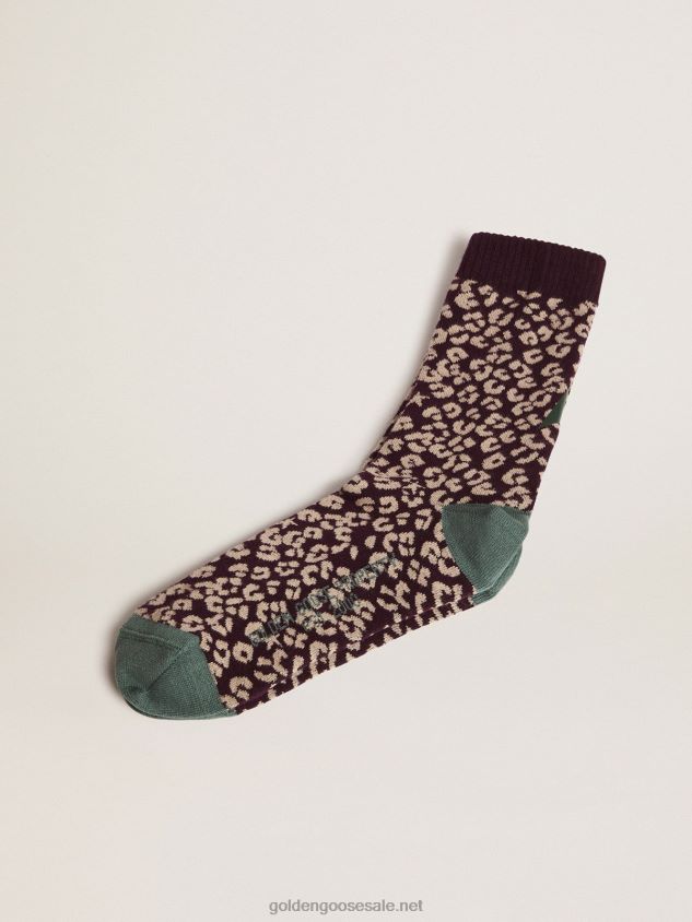 Animal-print socks with a blackberry base and military-green details FN20N339 Women Golden Goose