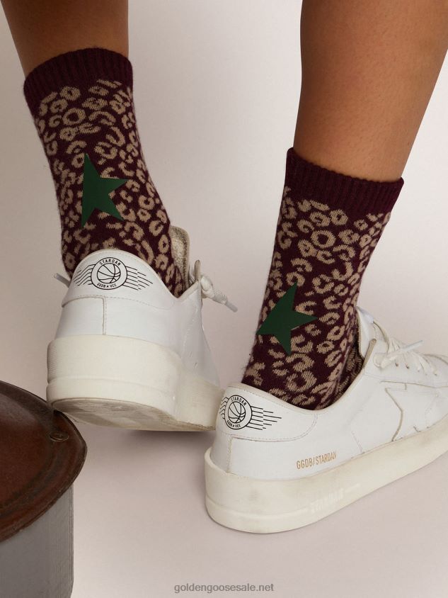 Animal-print socks with a blackberry base and military-green details FN20N339 Women Golden Goose