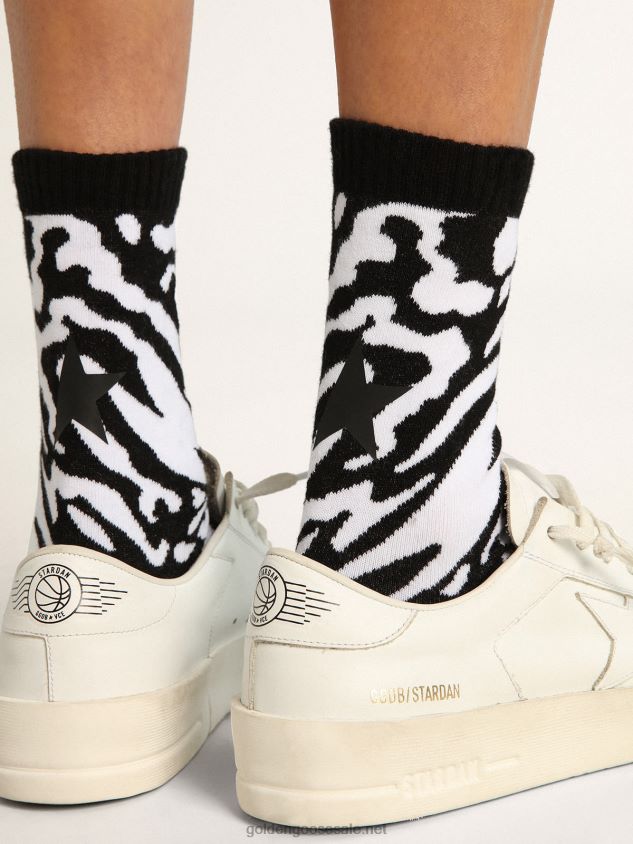 Black and white socks with leopard print and black star on the back FN20N330 Women Golden Goose