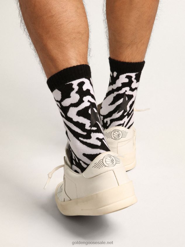 Black and white socks with leopard print and black star on the back FN20N330 Women Golden Goose
