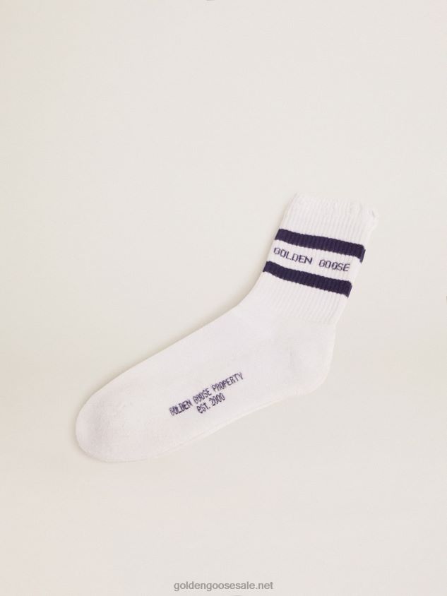Cotton socks with distressed finishes blue stripes and logo FN20N409 Women Golden Goose