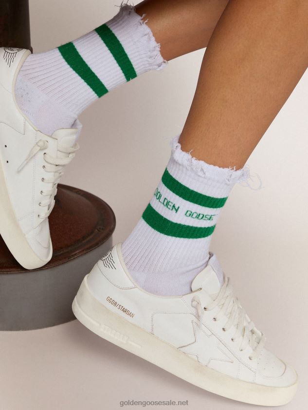 Cotton socks with distressed finishes green stripes and logo FN20N407 Women Golden Goose