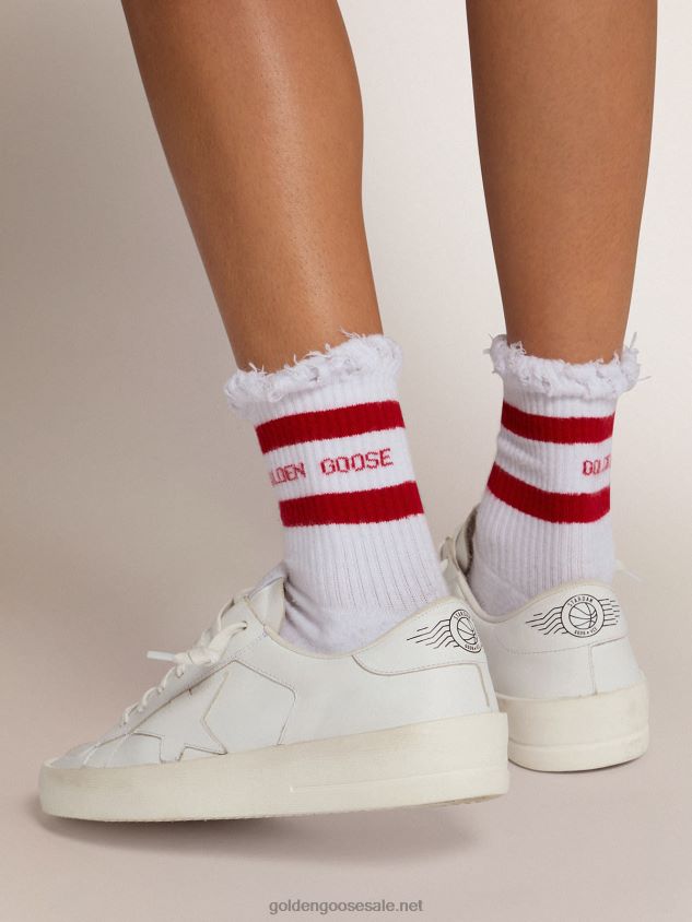 Cotton socks with distressed finishes red stripes and logo FN20N348 Women Golden Goose