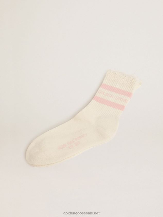 Distressed-finish white socks with baby-pink logo and stripes FN20N411 Women Golden Goose