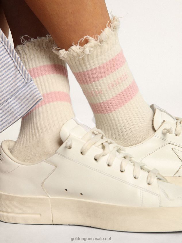 Distressed-finish white socks with baby-pink logo and stripes FN20N411 Women Golden Goose