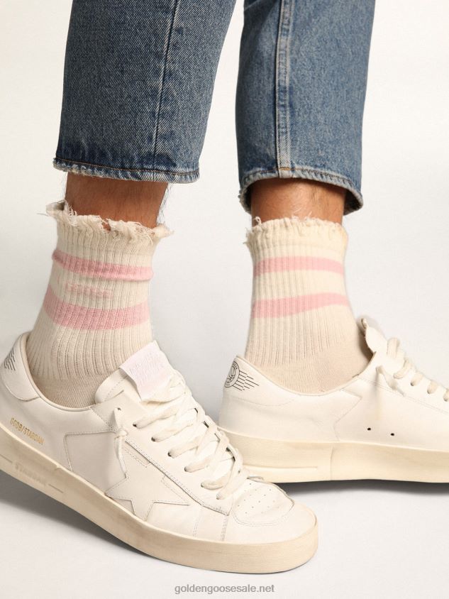 Distressed-finish white socks with baby-pink logo and stripes FN20N411 Women Golden Goose