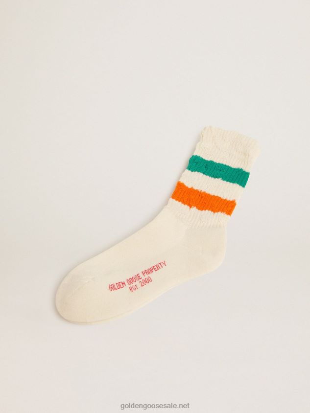 Distressed-finish white socks with green and orange stripes FN20N414 Women Golden Goose