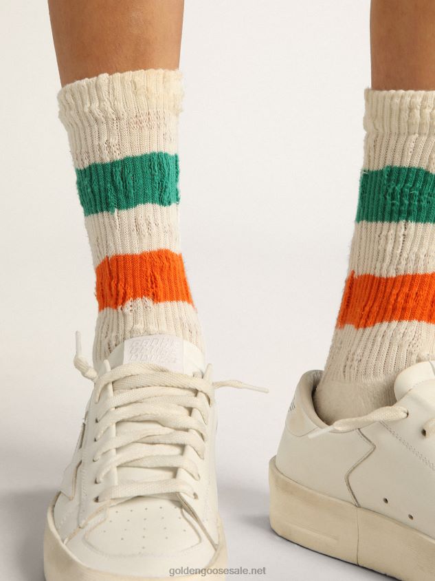 Distressed-finish white socks with green and orange stripes FN20N414 Women Golden Goose