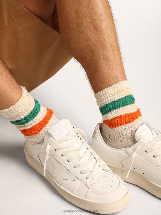 Distressed-finish white socks with green and orange stripes FN20N414 Women Golden Goose