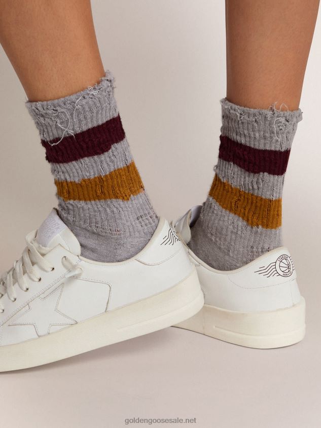 Melange grey socks with distressed details and two-tone stripes FN20N346 Women Golden Goose