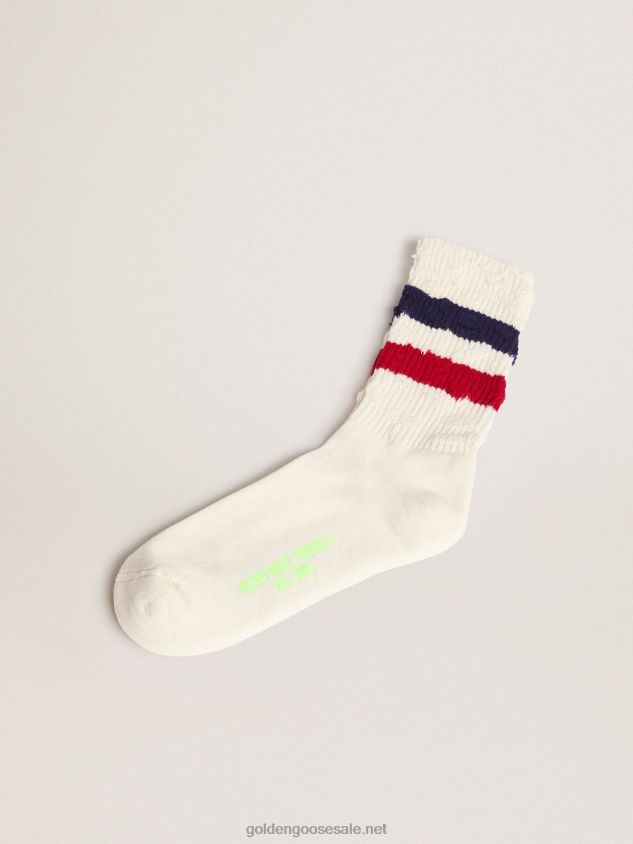 Vintage white socks with distressed details and two-tone stripes FN20N347 Women Golden Goose