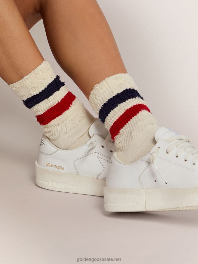 Vintage white socks with distressed details and two-tone stripes FN20N347 Women Golden Goose