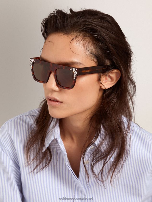 Square-style Sunframe Jamie with Havana brown frame and teardrop crystals FN20N345 Women Golden Goose