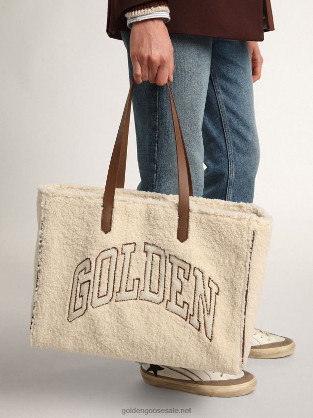 East-West California Bag in white faux fur with Golden lettering and contrasting handles FN20N446 Women