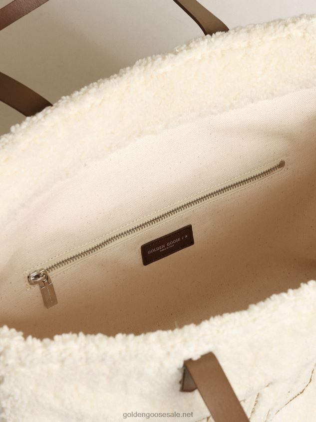East-West California Bag in white faux fur with Golden lettering and contrasting handles FN20N446 Women