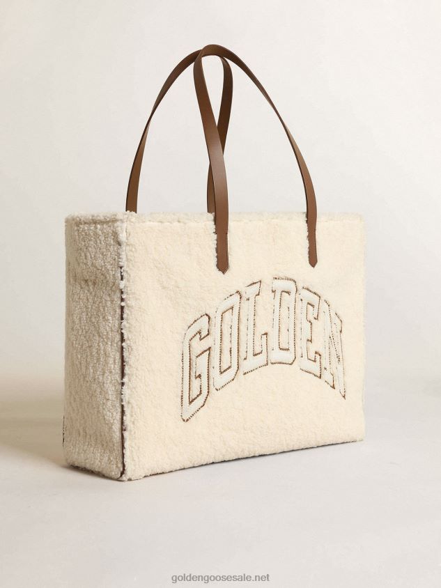 East-West California Bag in white faux fur with Golden lettering and contrasting handles FN20N446 Women