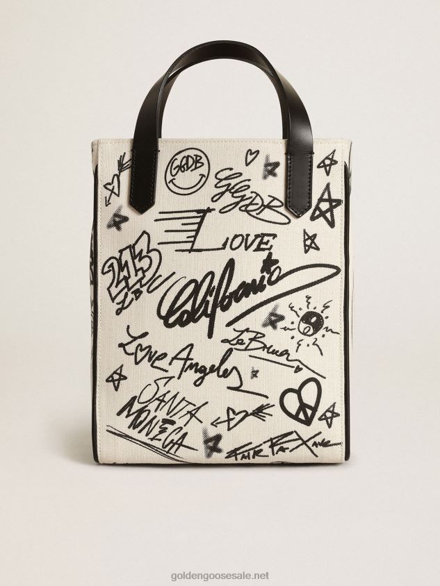 Mini California Bag in white cotton with contrasting black print FN20N454 Women Golden Goose