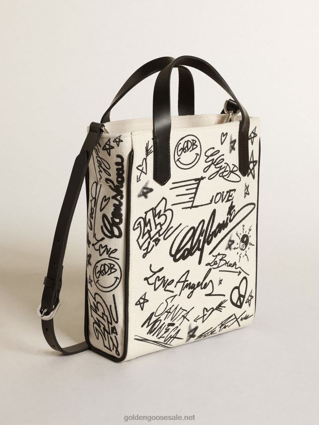 Mini California Bag in white cotton with contrasting black print FN20N454 Women Golden Goose