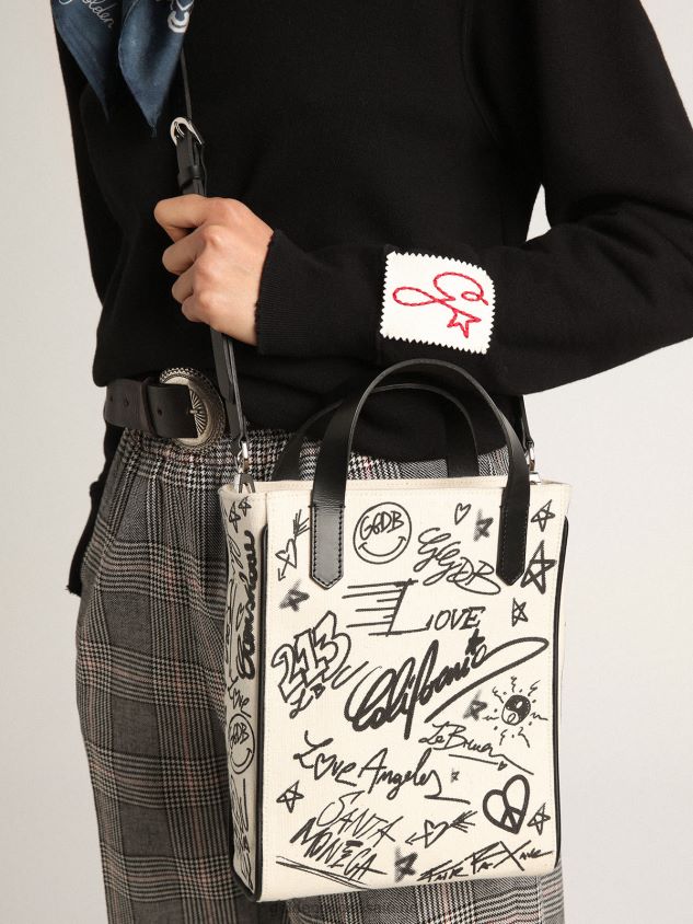 Mini California Bag in white cotton with contrasting black print FN20N454 Women Golden Goose