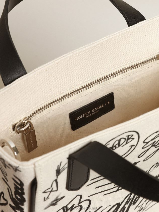 Mini California Bag in white cotton with contrasting black print FN20N454 Women Golden Goose